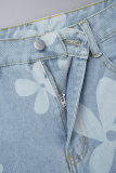 Jeans in denim dritto a vita alta con bottoni patchwork con stampa Street Blue Baby