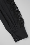 Zwarte casual effen patchwork tops met V-hals