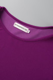 Patchwork solide décontracté violet avec ceinture col rond plissé robes de grande taille