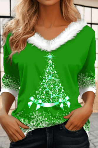 Tops con cuello en V y retales con estampado de árbol de Navidad informal verde