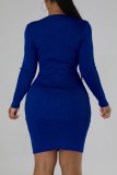 Blaue, lässige, solide Basic-Kleider mit O-Ausschnitt und langen Ärmeln
