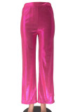 Rosarote, lässige, solide Patchwork-Hose mit gerader, hoher Taille und weitem Bein in einfarbiger Farbe