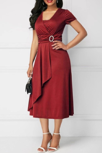 Brick Red Casual Solid Patchwork V Neck Short Sleeve Dress
