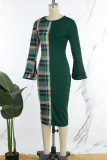 Зеленые сексуальные клетчатые лоскутные платья без пояса с круглым вырезом и юбкой-карандашом (без пояса)