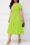 Fluorescerende groene casual effen patchwork jurk met V-hals en korte mouwen