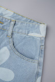 Baby Blue Street Print Patchwork Knappar Dragkedja Hög midja Raka denim jeans