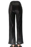 Negro Casual sólido patchwork recto cintura alta pierna ancha pantalones de color sólido