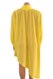 Желтые повседневные однотонные асимметричные платья с высоким воротником и длинными рукавами больших размеров