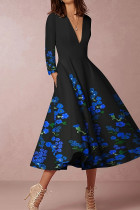 Blå Casual Print Patchwork V-ringad A Line-klänningar (utan bälte)