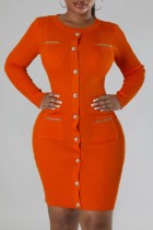 Robes à manches longues à col rond et à manches longues orange décontractées
