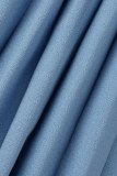 Patchwork sólido casual azul tibetano com cinto, gola redonda, vestidos plus size plissados