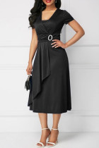 ブラック カジュアル ソリッド パッチワーク V ネック 半袖 ドレス