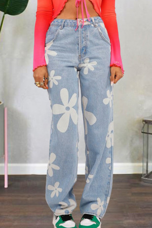 Baby Blue Street Print Patchwork Buttons Zipper High Waist Straight Denim Jeans