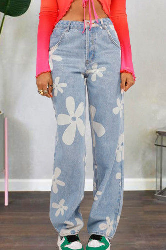 Babyblaue, gerade Jeans mit Street-Print und Patchwork-Knöpfen, Reißverschluss und hoher Taille