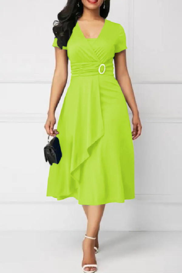 蛍光グリーンカジュアルソリッドパッチワークVネック半袖ドレス