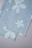 Baby Blue Street Print Patchwork Buttons Zipper High Waist Straight Denim Jeans