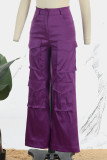 Púrpura Casual Calle parches lisos Bolsillo Recto Cintura alta Pantalones rectos de color sólido