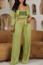 Green Casual Print Letter U Neck Long Sleeve Two Pieces