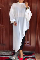 Branco casual sólido assimétrico gola alta manga comprida vestidos plus size