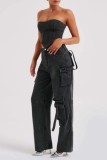 Black Casual Solid Patchwork Pocket Low Waist Regular Cargo Denim Jeans