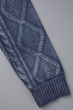 Azul profundo casual sólido patchwork gola redonda manga comprida duas peças (tecido sem costura, textura estampada)