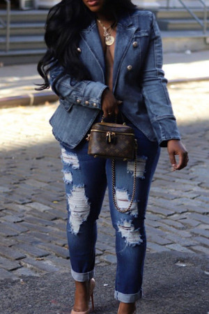 Deep Blue Celebrities Solid Patchwork Pocket Buckle Buttons Cardigan Collar Long Sleeve Regular Denim Blazer Jacket