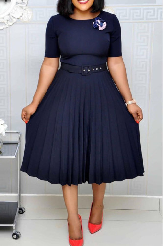 Tibetan Blue Casual Solid Patchwork With Belt O Neck Pleated Plus Size Dresses