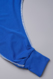 ブルー カジュアル ソリッド ベーシック フード付き 襟 長袖 XNUMXピース