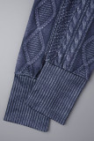 Blu scuro casual tinta unita patchwork o collo manica lunga due pezzi (tessuto non lavorato a maglia, trama stampata)