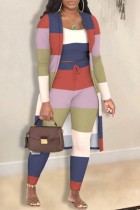 Многоцветный повседневный полосатый лоскутный кардиган, жилет, брюки, комплект из трех предметов с длинными рукавами
