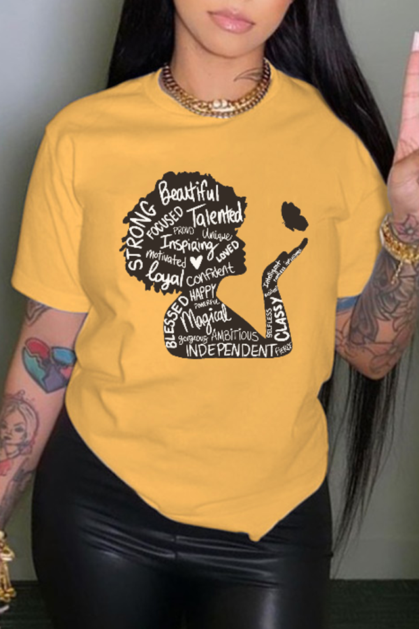 T-shirt O Neck patchwork con stampa vintage giornaliera gialla
