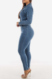 Combinaisons en jean skinny bleu clair décontracté uni patchwork col rabattu manches longues