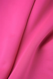 Rosarotes, lässiges, solides Patchwork-Kleid mit Schleife, V-Ausschnitt und langen Ärmeln