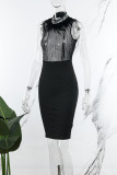 Black Elegant Solid Patchwork Hot Drill O Neck Pencil Skirt Dresses