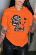 Оранжевые повседневные футболки с винтажным принтом в стиле пэчворк и круглым вырезом