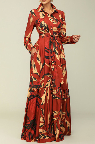 Красное платье с уличным принтом, лоскутное платье с воротником-рубашкой и принтом Платья