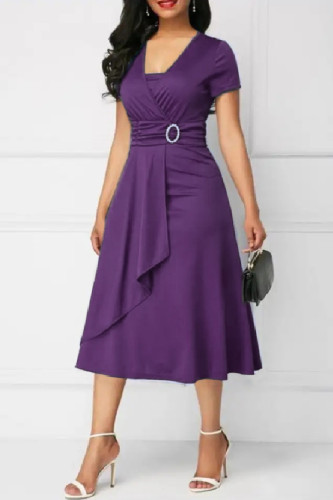 Purple Casual Solid Patchwork V Neck Short Sleeve Dress