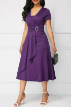 Пурпурное повседневное однотонное платье в стиле пэчворк с v-образным вырезом и короткими рукавами
