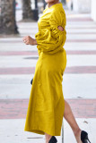 Robe longue jaune Street, couleur unie, ajourée, Patchwork, ouverture haute, col rond