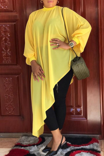 Yellow Casual Solid Asymmetrical Turtleneck Long Sleeve Plus Size Dresses