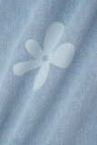 Baby Blue Street Floral Print Patchwork Buttons Zipper High Waist Straight Denim Jeans