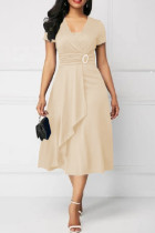 Aprikos Casual Solid Patchwork V-ringad kortärmad klänning