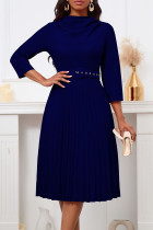 Diepblauwe elegante effen patchwork met riem geplooide O-hals A-lijn jurken