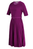 Patchwork solide décontracté violet avec ceinture col rond plissé robes de grande taille