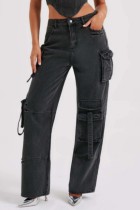 Schwarze, lässige, einfarbige, normale Jeans mit Patchwork-Tasche und niedriger Taille