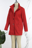 Red Casual Solid Cardigan Mandarin Collar Outerwear