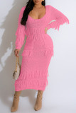 Apricot Casual Solid Tassel O Neck Long Sleeve Dresses