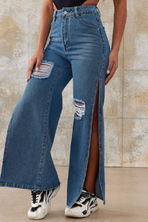 Medium Blue Casual Solid Slit High Waist Regular Fly Ripped Detail Split Thigh Wide Leg Denim Jeans