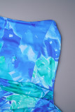 Blå sexigt tryck Patchwork Rygglösa axelbandslösa omslagna kjolklänningar
