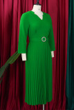 Dobra sólida elegante verde em patchwork com cinto e decote em V vestidos linha A
